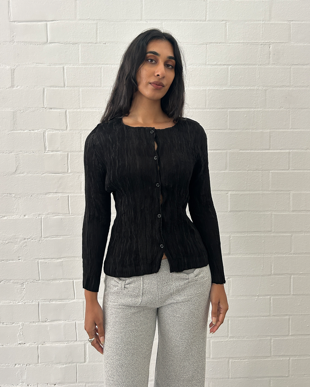 Micro Pleat Button Top ~ Black