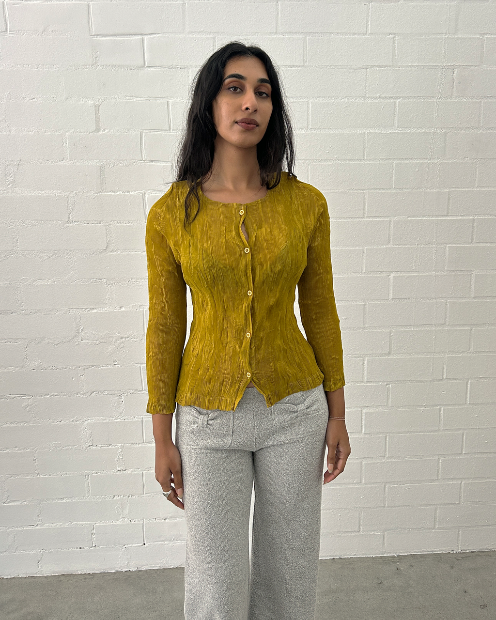 Micro Pleat Button Top - Chartreuse